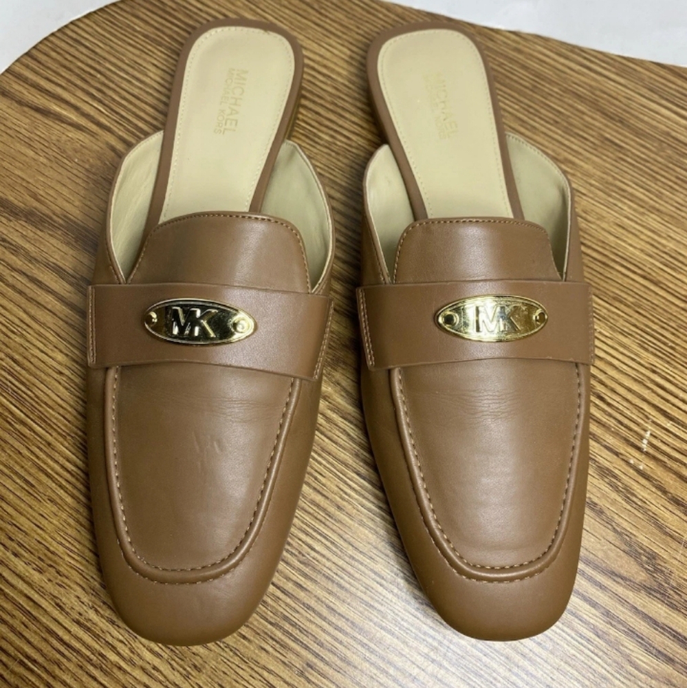 Michael Kors MK Plate Mule Clog Luggage Sandal Shoes Women's Size 7.5 Tan Brown